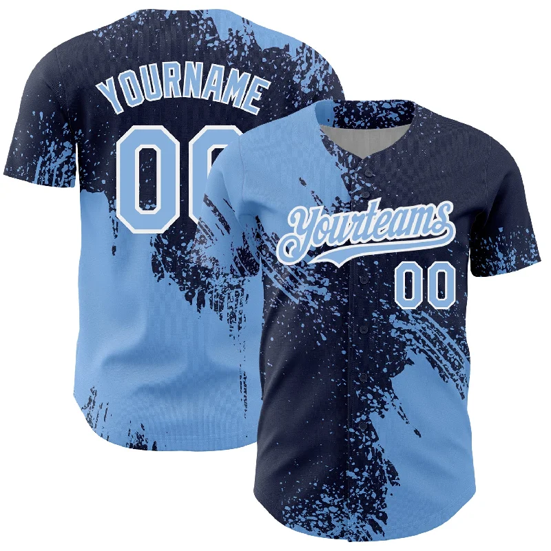 Baseball Jerseys With Custom Sizing-Custom Light Blue Navy-White 3D Pattern Design Abstract Brush Stroke Authentic Baseball Jersey