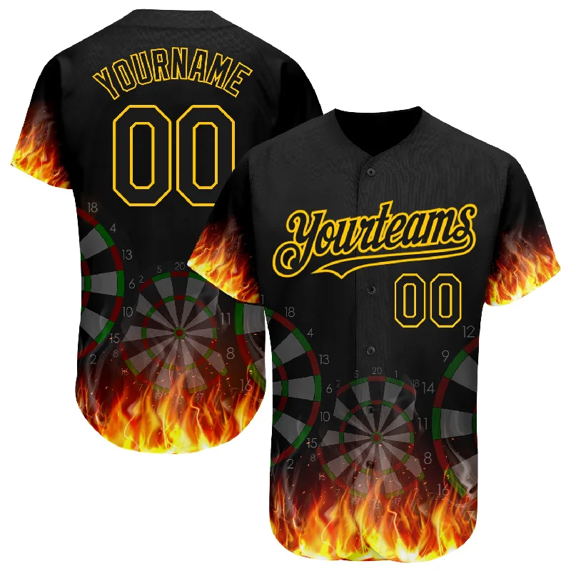 Personalized Baseball Jerseys-Custom Black Gold 3D Pattern Design Flame Dart Board Authentic Baseball Jersey