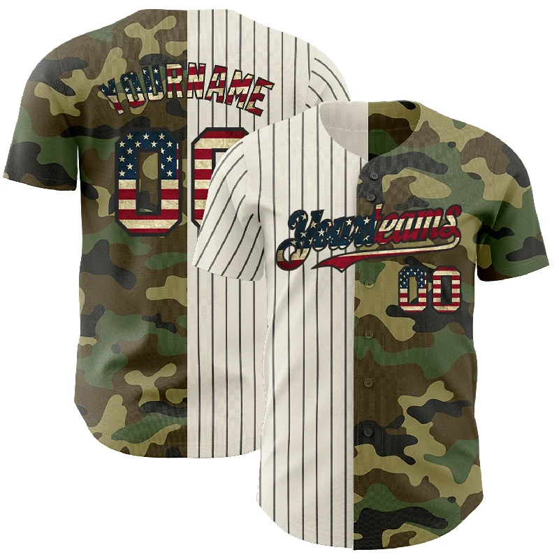 Baseball Jerseys With Custom Number Placement-Custom Camo Vintage USA Flag Cream-Black Pinstripe Authentic Split Fashion Salute To Service Baseball Jersey