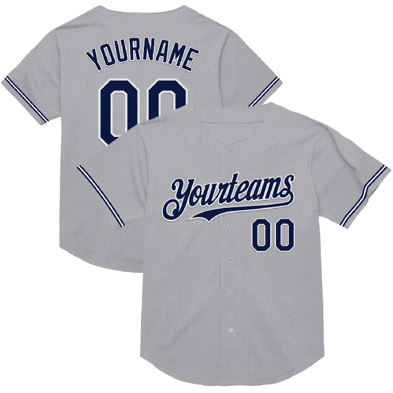 Personalized Baseball Jerseys For Tournament Events-Custom Gray Navy-White Mesh Authentic Throwback Baseball Jersey