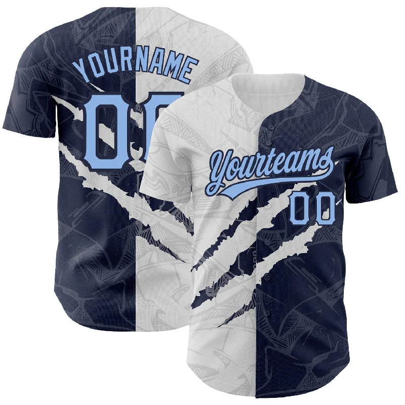 Personalized Baseball Jerseys For Special Recognitions-Custom Graffiti Pattern Light Blue-Navy 3D Scratch Authentic Baseball Jersey