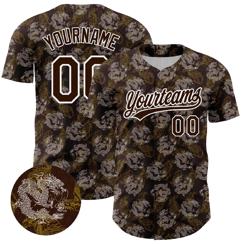 Custom Baseball Jerseys For Social Gatherings-Custom Brown White 3D Pattern Design Animal Loongfeng Authentic Baseball Jersey