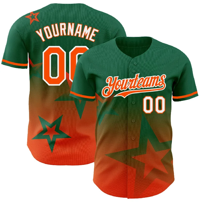 Baseball Jerseys For Team Building Events-Custom Kelly Green Orange-White 3D Pattern Design Gradient Style Twinkle Star Authentic Baseball Jersey