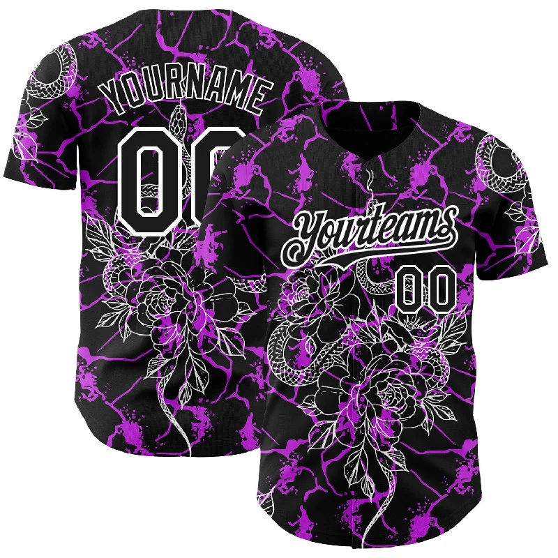 Baseball Jerseys For Tournaments & Competitions-Custom Black Purple-White 3D Pattern Design Animal Snake Authentic Baseball Jersey