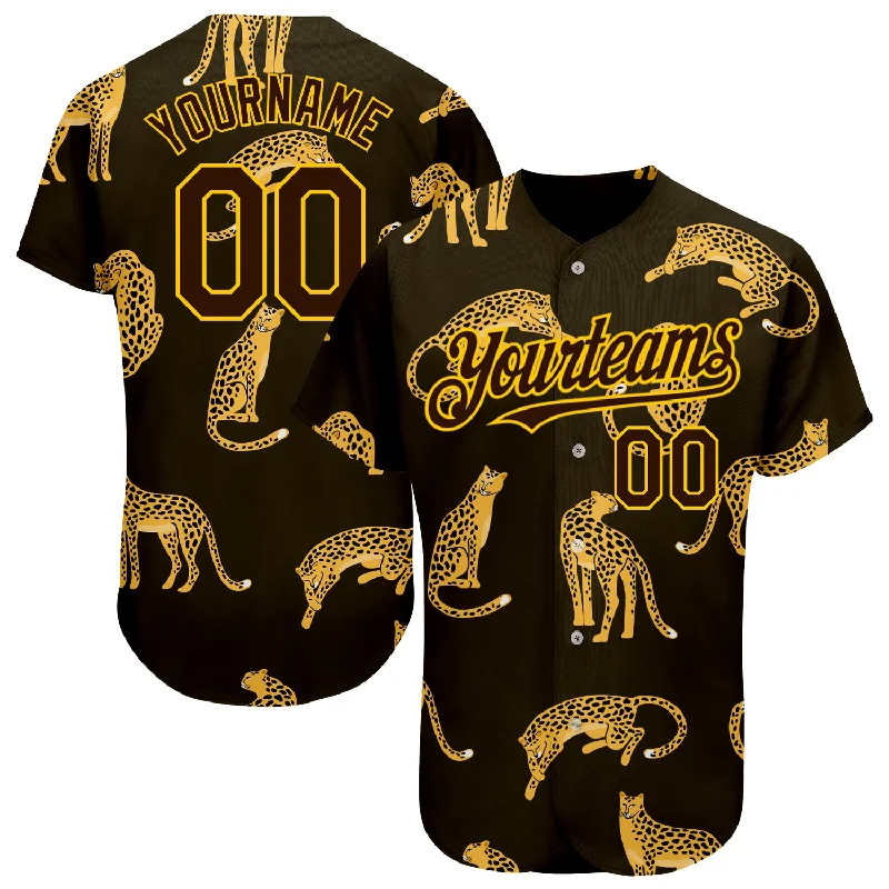 Personalized Baseball Jerseys For Fundraising Projects-Custom Brown Yellow 3D Pattern Design Leopard Authentic Baseball Jersey