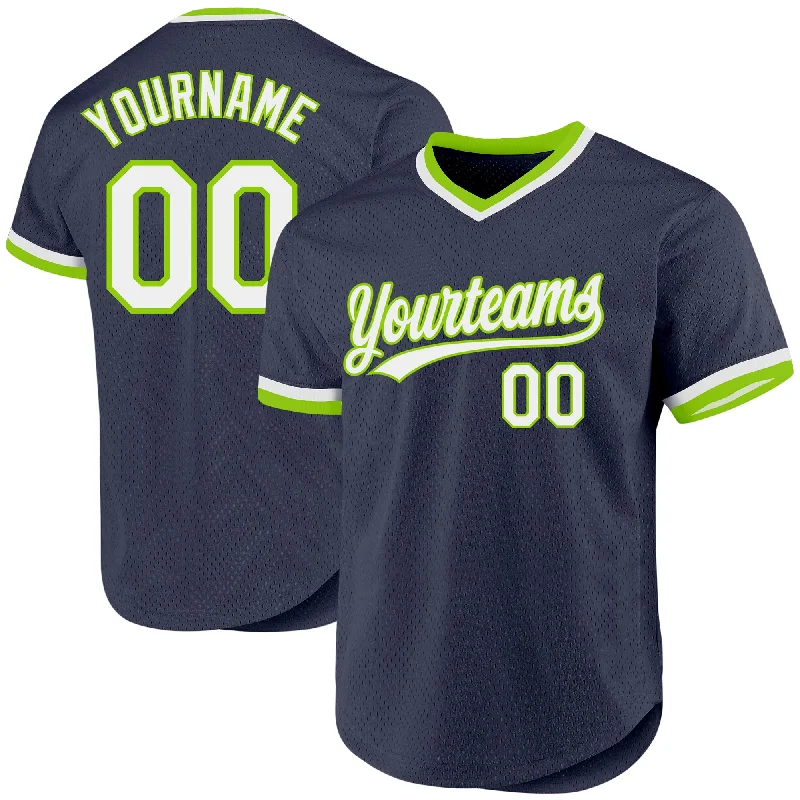 Custom Baseball Jerseys With Unique Designs-Custom Navy White-Neon Green Authentic Throwback Baseball Jersey