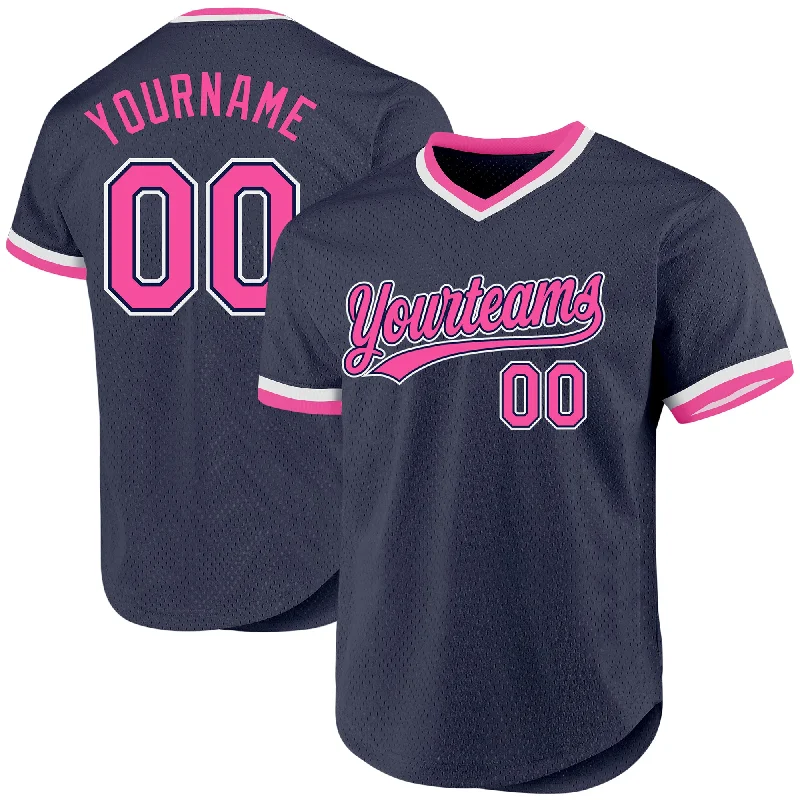 Custom Baseball Jerseys For Local Fans-Custom Navy Pink-White Authentic Throwback Baseball Jersey