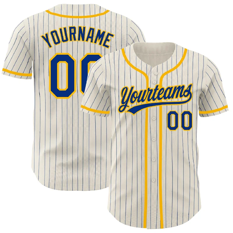 Baseball Jerseys For Youth Teams & Leagues-Custom Cream Royal Pinstripe Gold Authentic Baseball Jersey