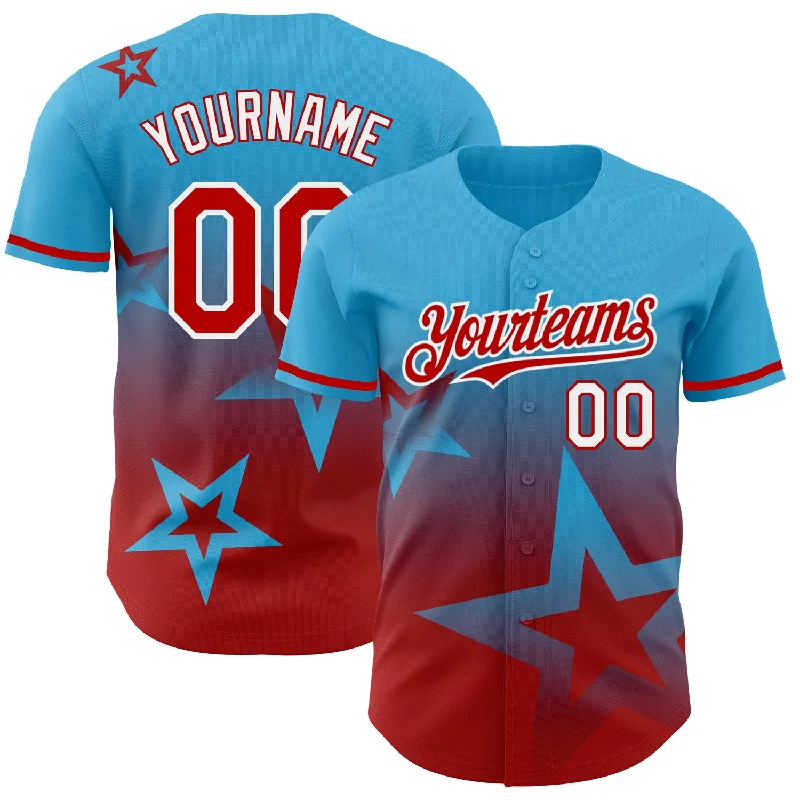 Custom Baseball Jerseys For Seasonal Leagues-Custom Sky Blue Red-White 3D Pattern Design Gradient Style Twinkle Star Authentic Baseball Jersey