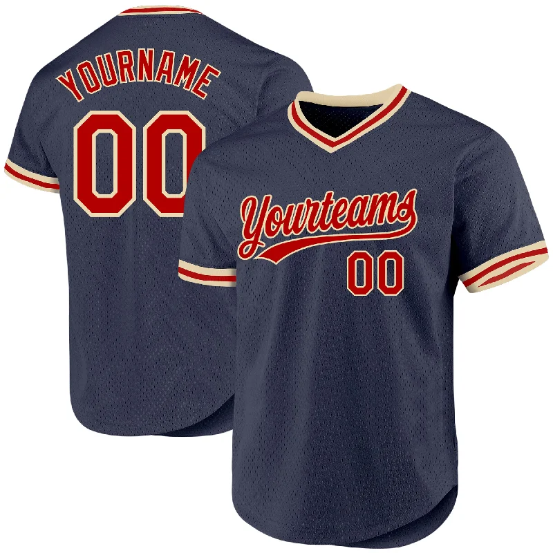 Personalized Baseball Jerseys For Local Supporters-Custom Navy Red-Cream Authentic Throwback Baseball Jersey