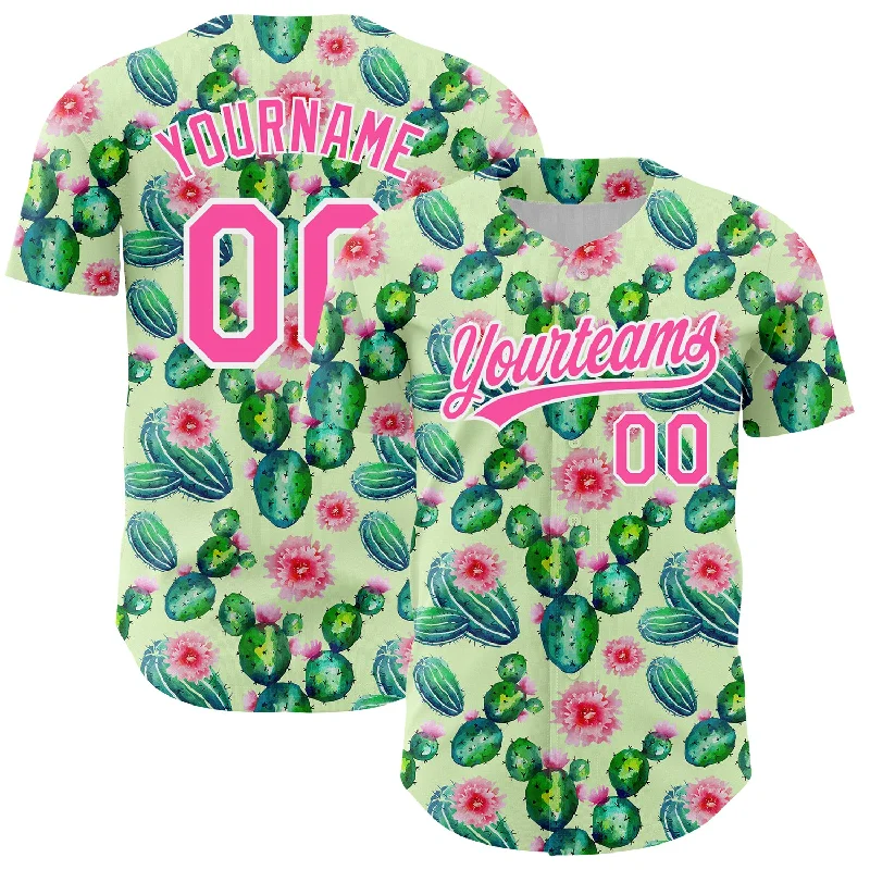 Custom Baseball Jerseys For Leagues-Custom Green Pink-White 3D Pattern Design Cactus Festival Authentic Baseball Jersey