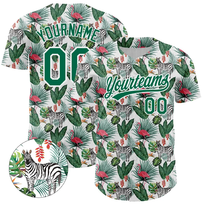 Baseball Jerseys For School Spirit Days-Custom White Kelly Green 3D Pattern Design Animal Zebra Flamingo And Hawaii Palm Leaves Authentic Baseball Jersey