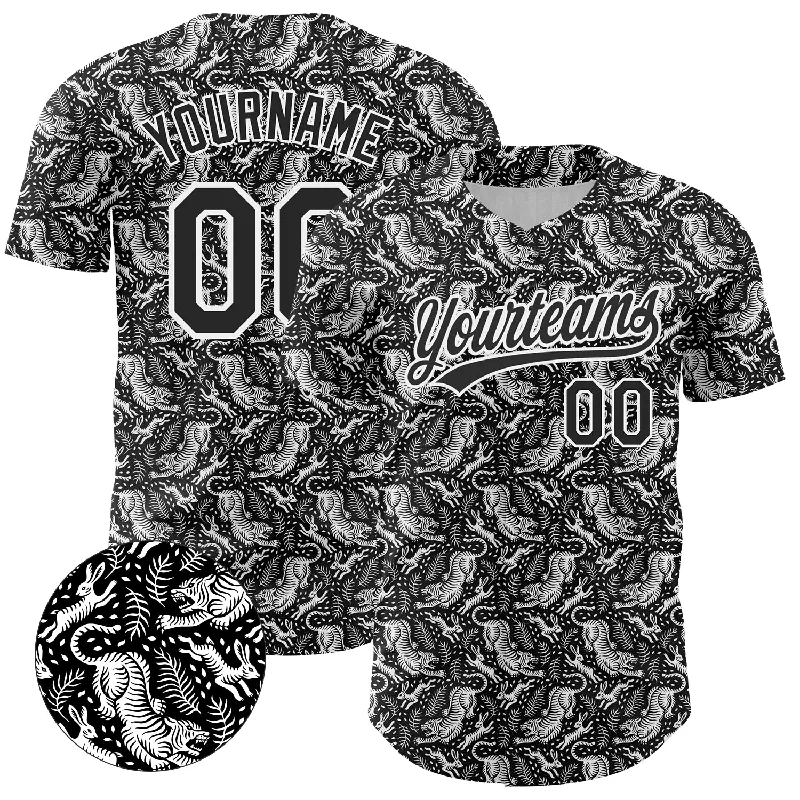 Custom Baseball Jerseys For Regional Tournaments-Custom Black White 3D Pattern Design Animal Tiger And Rabbit Authentic Baseball Jersey