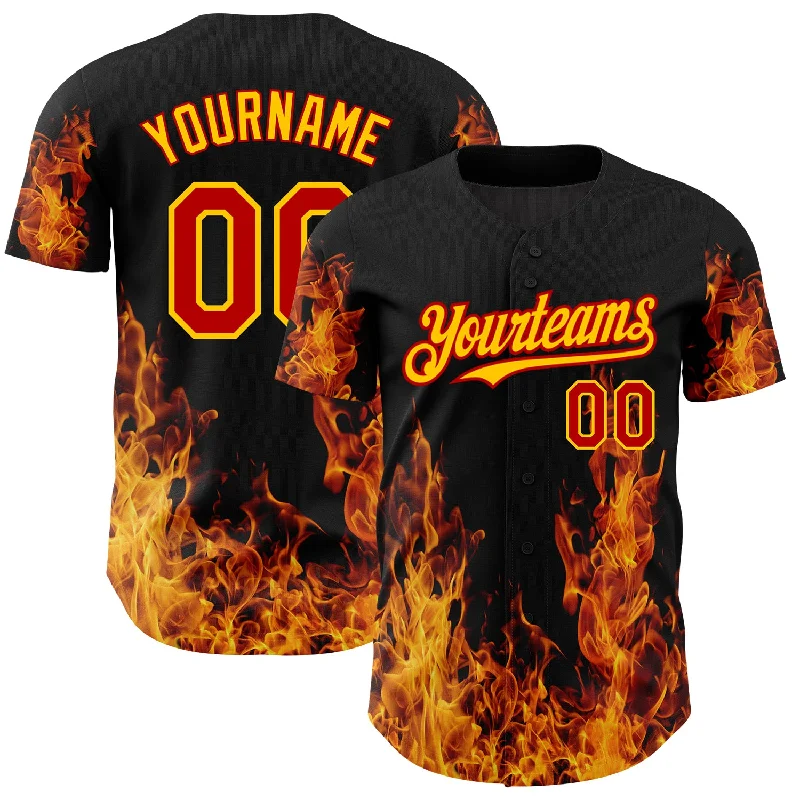 Baseball Jerseys For Local Rugby Clubs-Custom Black Red-Yellow 3D Pattern Design Flame Authentic Baseball Jersey