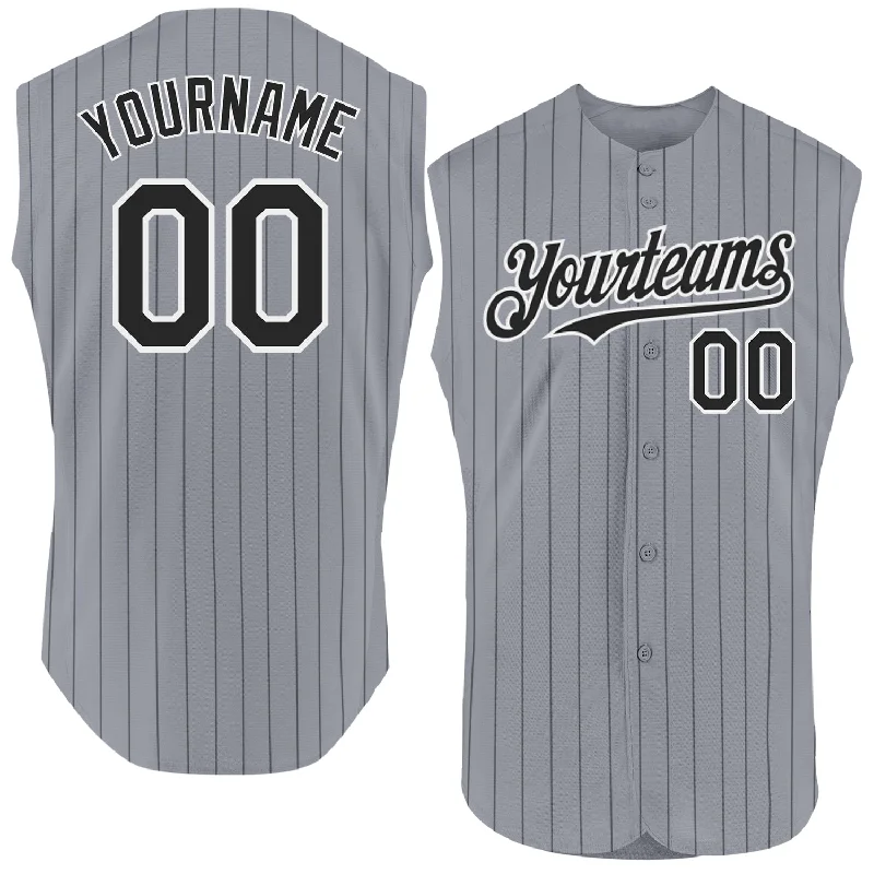 Custom Baseball Jerseys-Custom Gray Black Pinstripe White Authentic Sleeveless Baseball Jersey