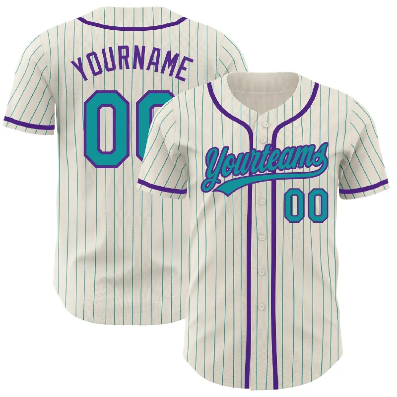 Baseball Jerseys With Team Logos & Custom Names-Custom Cream Teal Pinstripe Purple Authentic Baseball Jersey