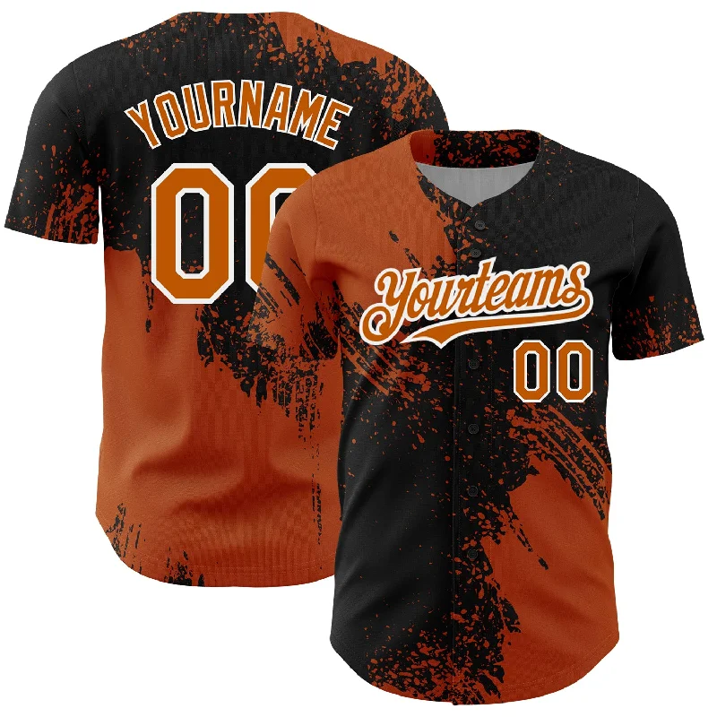 Custom Baseball Jerseys For Competitive Sports-Custom Texas Orange Black-White 3D Pattern Design Abstract Brush Stroke Authentic Baseball Jersey