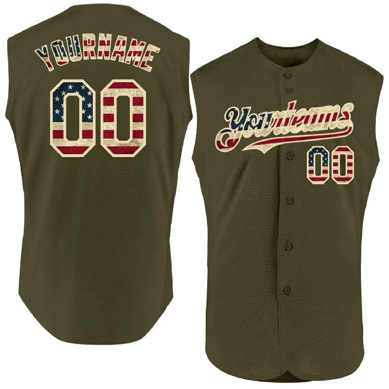 Custom Baseball Jerseys With Player Stats-Custom Olive Vintage USA Flag-Cream Authentic Sleeveless Salute To Service Baseball Jersey