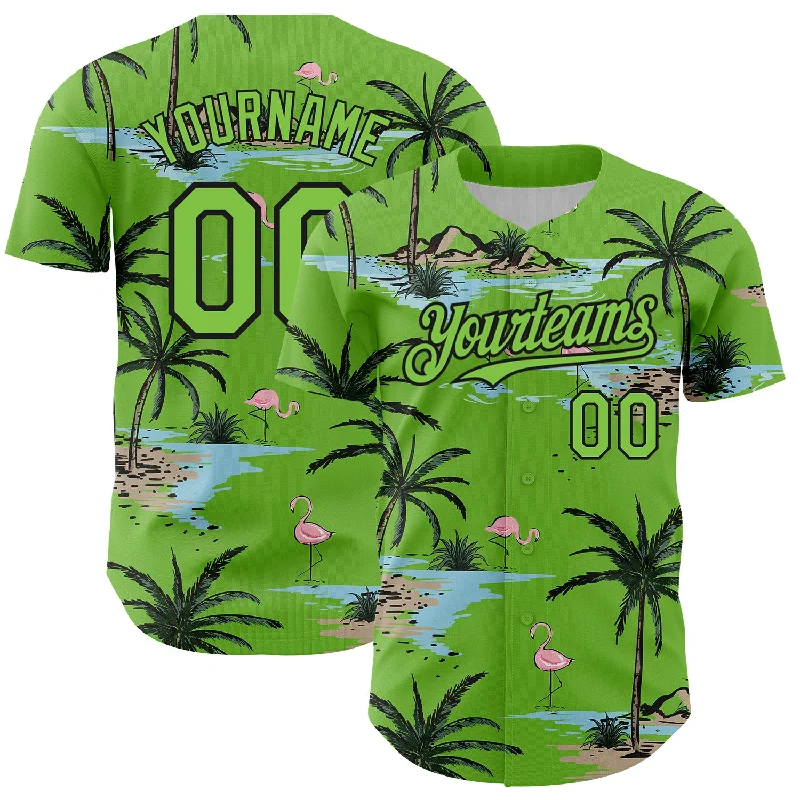 Baseball Jerseys With Custom Logos & Emblems-Custom Neon Green Black 3D Pattern Design Tropical Hawaii Palm Trees Authentic Baseball Jersey