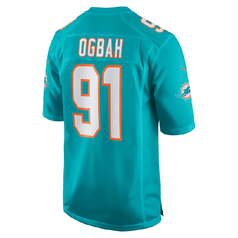 Personalized Rugby Jerseys For Families-M.Dolphins #91 Emmanuel Ogbah Aqua Game Jersey Stitched American Football Jerseys