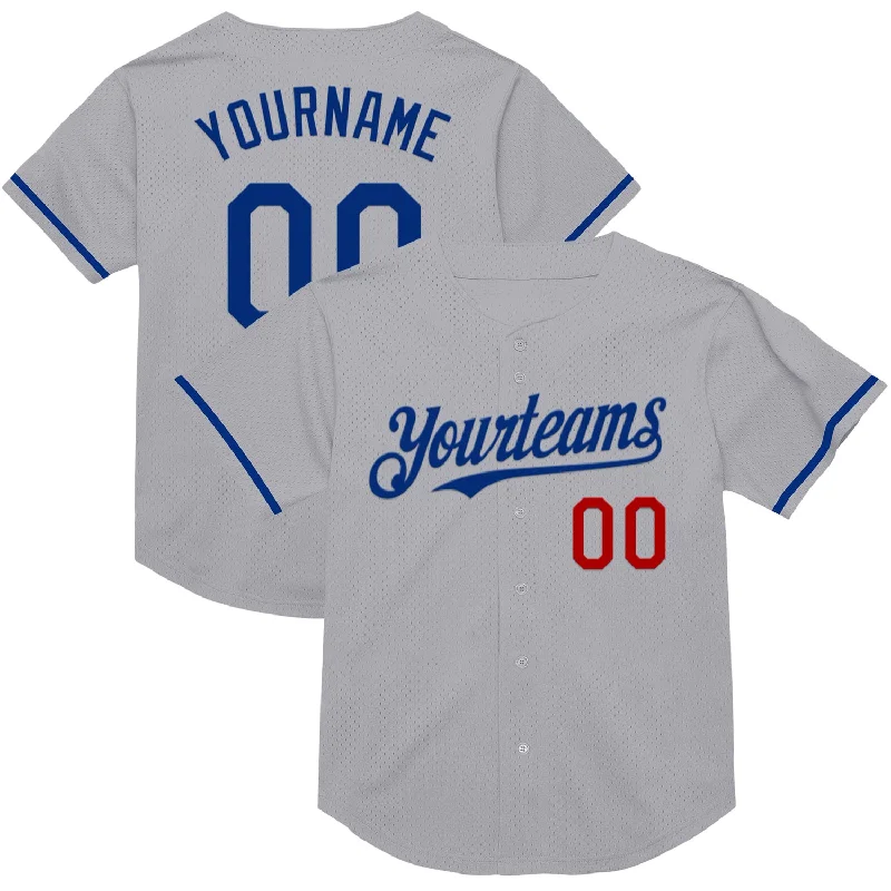 Personalized Baseball Jerseys For Charity-Custom Gray Royal-Red Mesh Authentic Throwback Baseball Jersey