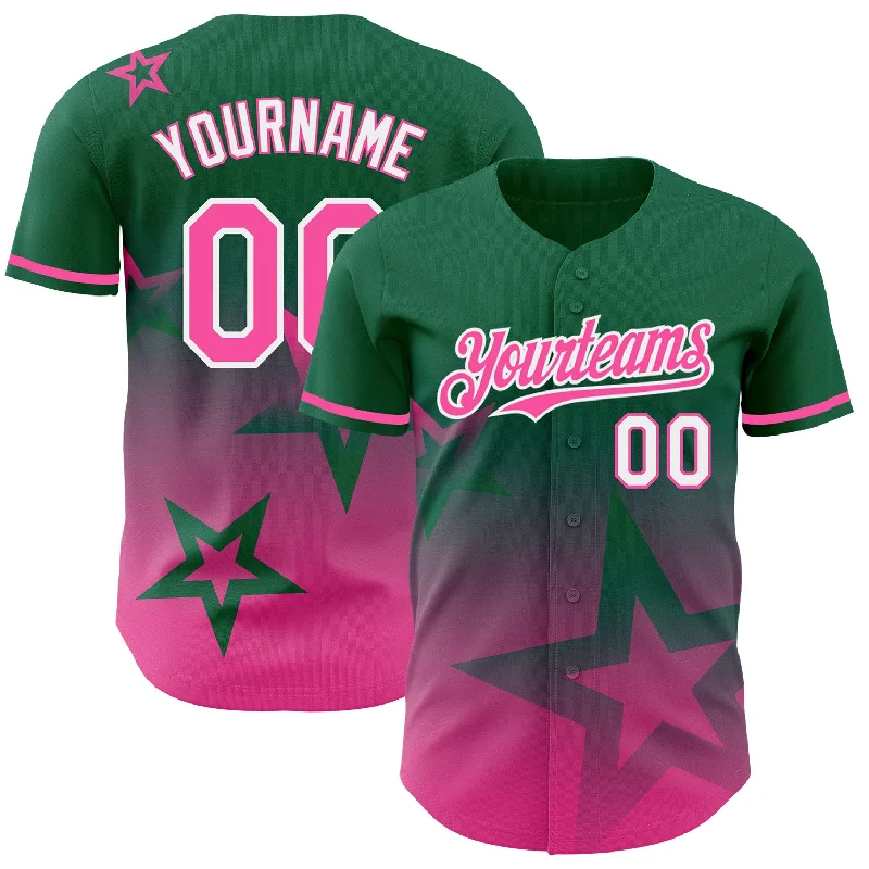 Custom Baseball Jerseys For Summer Leagues-Custom Kelly Green Pink-White 3D Pattern Design Gradient Style Twinkle Star Authentic Baseball Jersey