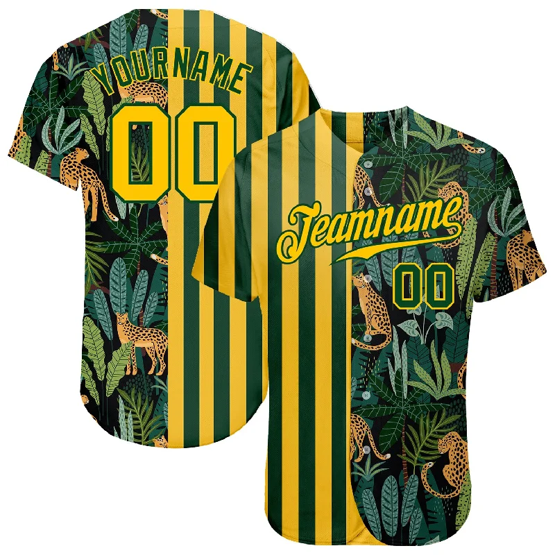 Personalized Baseball Jerseys For Special Guests-Custom Green Gold-Black 3D Pattern Design Leopards And Tropical Palm Leaves Authentic Baseball Jersey