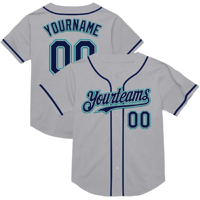 Custom Baseball Jerseys With Custom Fit-Custom Gray Navy-Teal Mesh Authentic Throwback Baseball Jersey