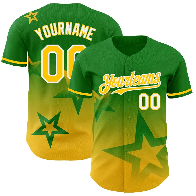 Personalized Baseball Jerseys For Special Celebrations-Custom Grass Green Yellow-White 3D Pattern Design Gradient Style Twinkle Star Authentic Baseball Jersey