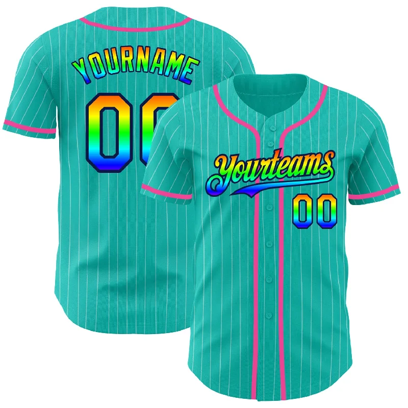 Personalized Baseball Jerseys For High School Teams-Custom Aqua White Pinstripe Rainbow Navy-Pink 3D Authentic Baseball Jersey