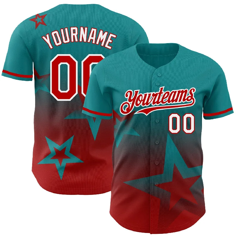 Baseball Jerseys With Custom Sleeve Printing-Custom Teal Red-White 3D Pattern Design Gradient Style Twinkle Star Authentic Baseball Jersey