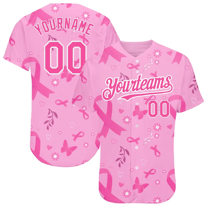 Baseball Jerseys With Player Numbers-Custom Pink White 3D Pink Ribbon Breast Cancer Awareness Month Women Health Care Support Authentic Baseball Jersey