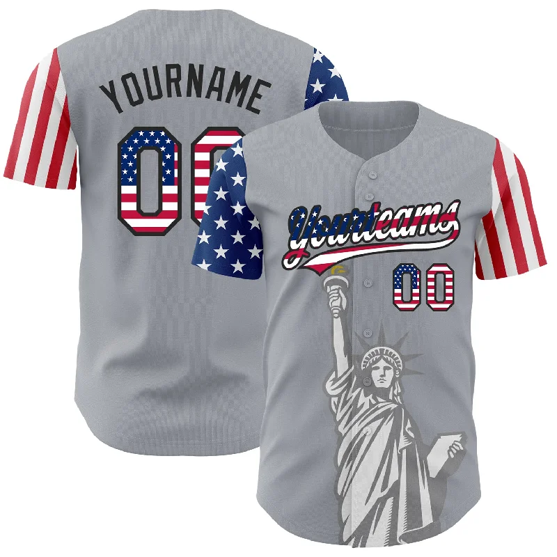 Baseball Jerseys With Custom Patch Designs-Custom Gray USA Flag-Black 3D American Flag Statue of Liberty Patriotic Authentic Baseball Jersey