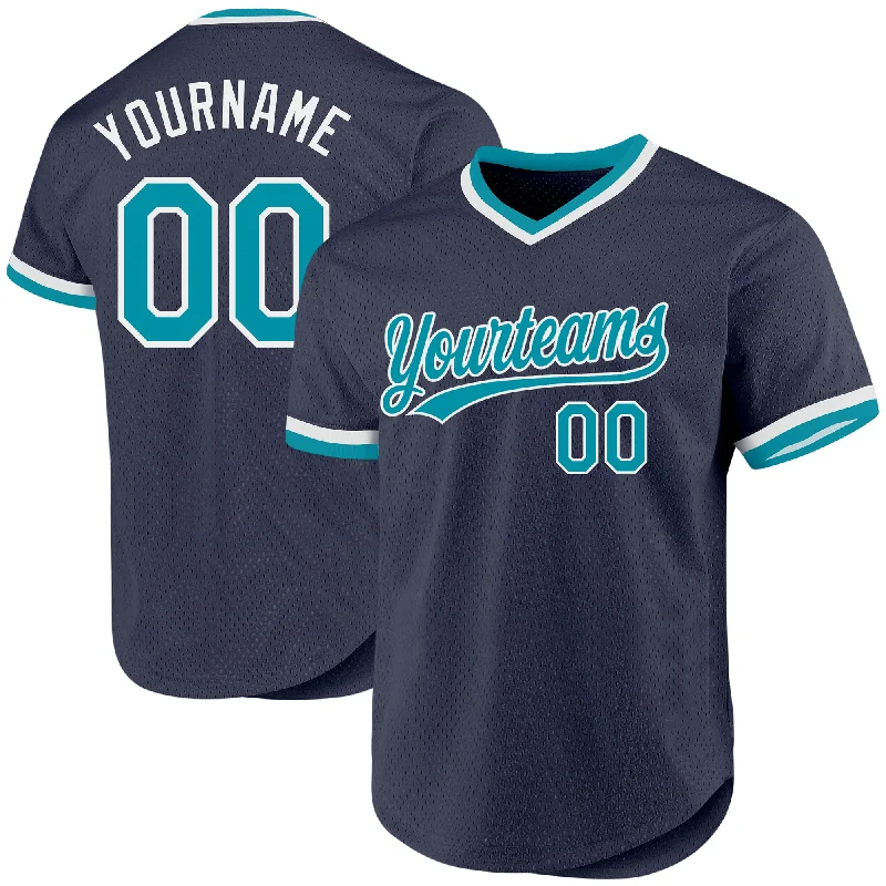 Custom Baseball Jerseys For Group Orders-Custom Navy Teal-White Authentic Throwback Baseball Jersey