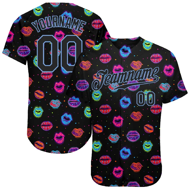 Custom Baseball Jerseys For Special Occasions-Custom Graffiti Pattern Black-Light Blue 3D Dots And Kiss Lips Authentic Baseball Jersey