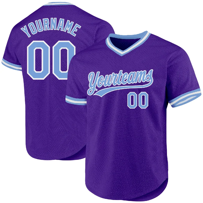 Personalized Baseball Jerseys For Charity Auctions-Custom Purple Light Blue-White Authentic Throwback Baseball Jersey