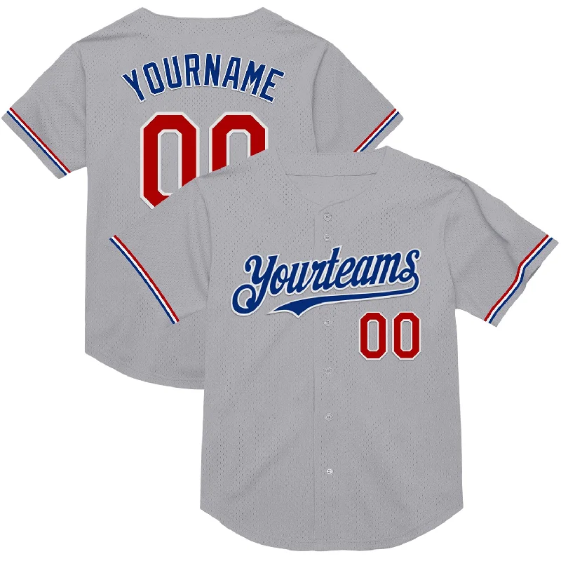 Custom Baseball Jerseys With Bold Fonts-Custom Gray Red-Royal Mesh Authentic Throwback Baseball Jersey