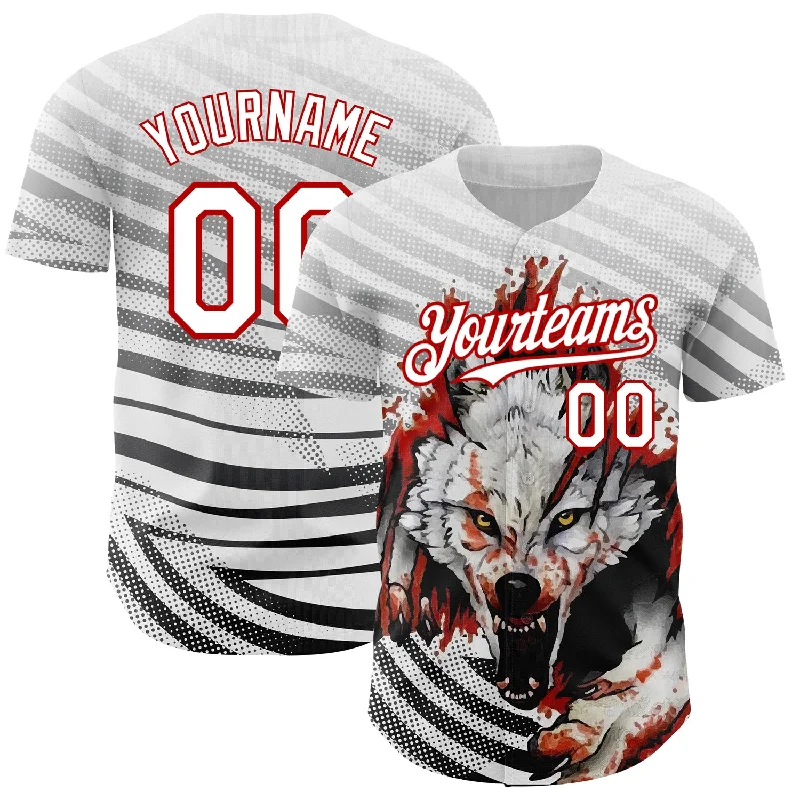 Personalized Baseball Jerseys For College Teams-Custom White Red 3D Pattern Design Animal Wolf Authentic Baseball Jersey