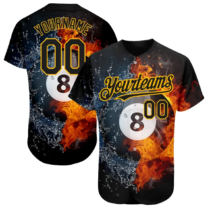 Personalized Baseball Jerseys For Sports Teams-Custom Black Gold 3D Pattern Design Billiards Snooker 8 Ball Authentic Baseball Jersey