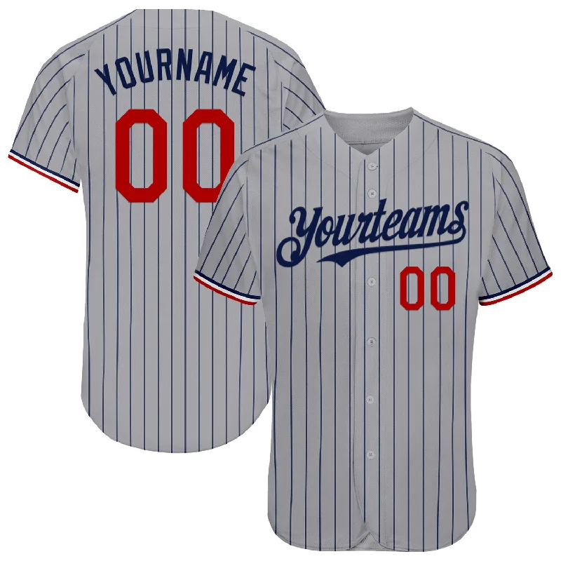 Baseball Jerseys With Custom Patch Designs-Custom Gray Navy Pinstripe Red-White Authentic Baseball Jersey