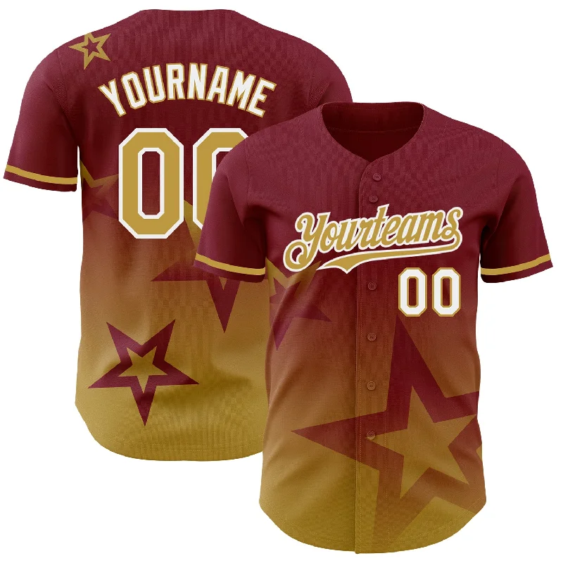 Custom Baseball Jerseys For International Teams-Custom Crimson Old Gold-White 3D Pattern Design Gradient Style Twinkle Star Authentic Baseball Jersey