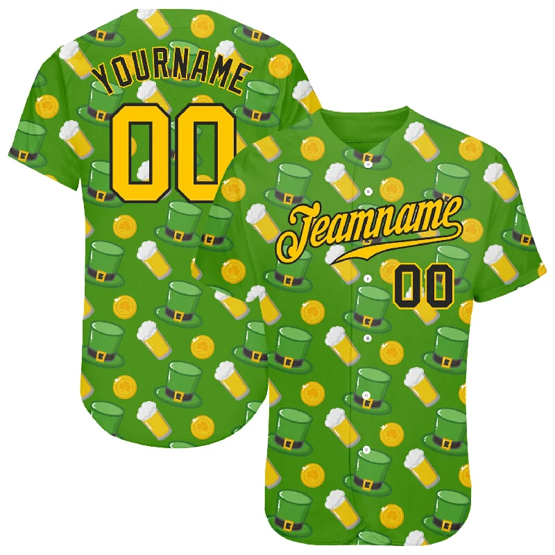 Baseball Jerseys With Custom Team Designs-Custom Kelly Green Gold-Black 3D Pattern Design Authentic St. Patrick's Day Baseball Jersey