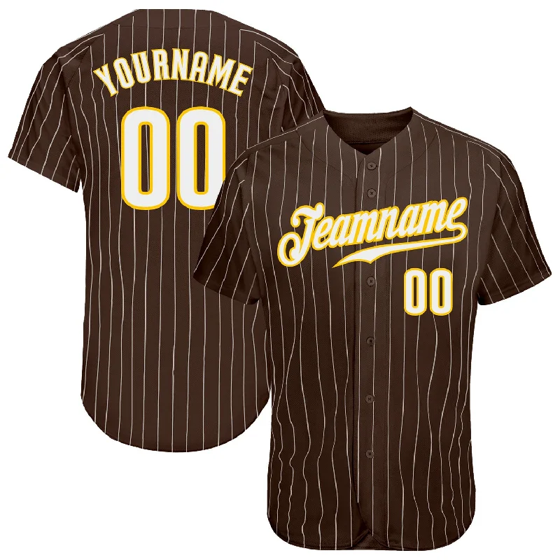 Custom Baseball Jerseys For VIP Events-Custom Brown White Pinstripe White-Gold Authentic Baseball Jersey