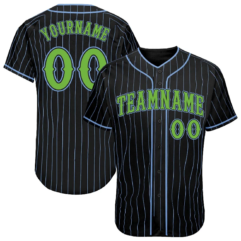 Baseball Jerseys With Custom Fabric Options-Custom Black Light Blue Pinstripe Neon Green Authentic Baseball Jersey