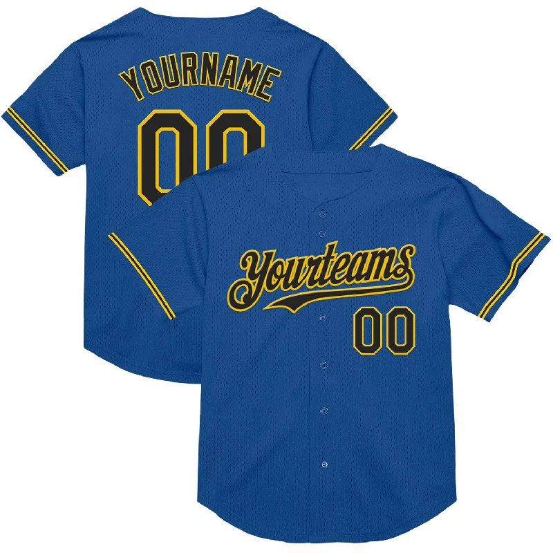 Personalized Baseball Jerseys For Fan Customization-Custom Blue Black-Yellow Mesh Authentic Throwback Baseball Jersey