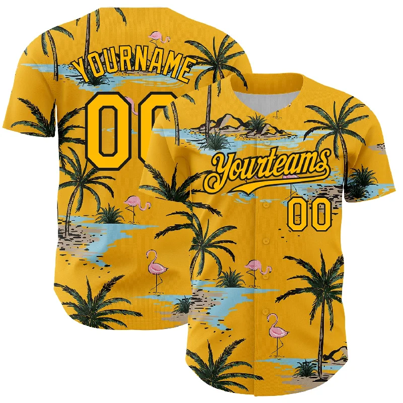 Personalized Baseball Jerseys For Gift Giving-Custom Yellow Black 3D Pattern Design Tropical Hawaii Palm Trees Authentic Baseball Jersey