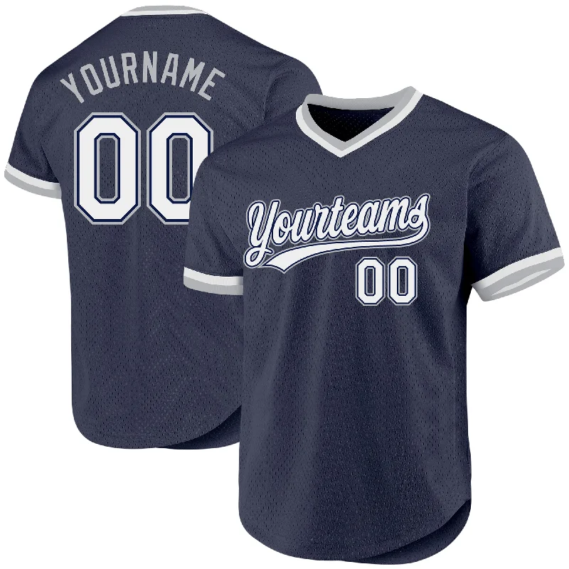 Personalized Baseball Jerseys For Supporters-Custom Navy White-Gray Authentic Throwback Baseball Jersey