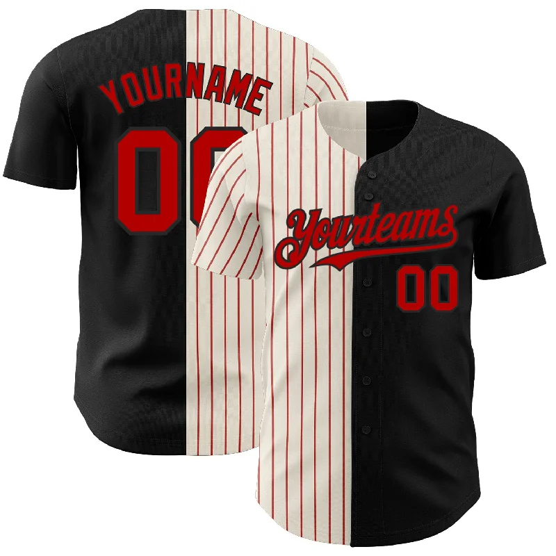 Personalized Baseball Jerseys For Fans & Players-Custom Black Cream-Red Pinstripe Authentic Split Fashion Baseball Jersey