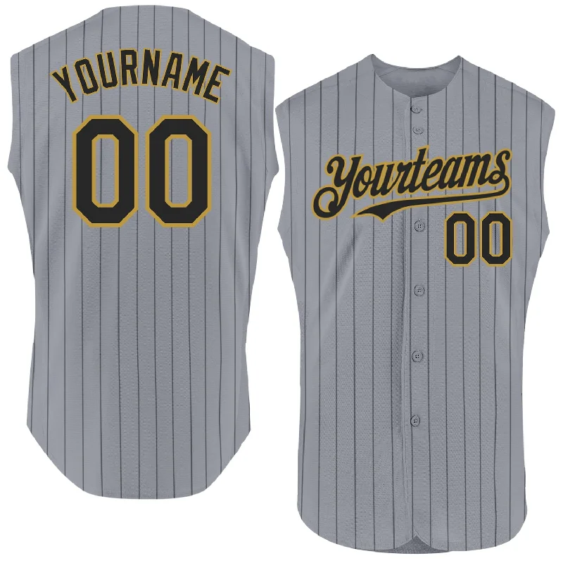 Baseball Jerseys With Team Logos & Custom Names-Custom Gray Black Pinstripe Old Gold Authentic Sleeveless Baseball Jersey