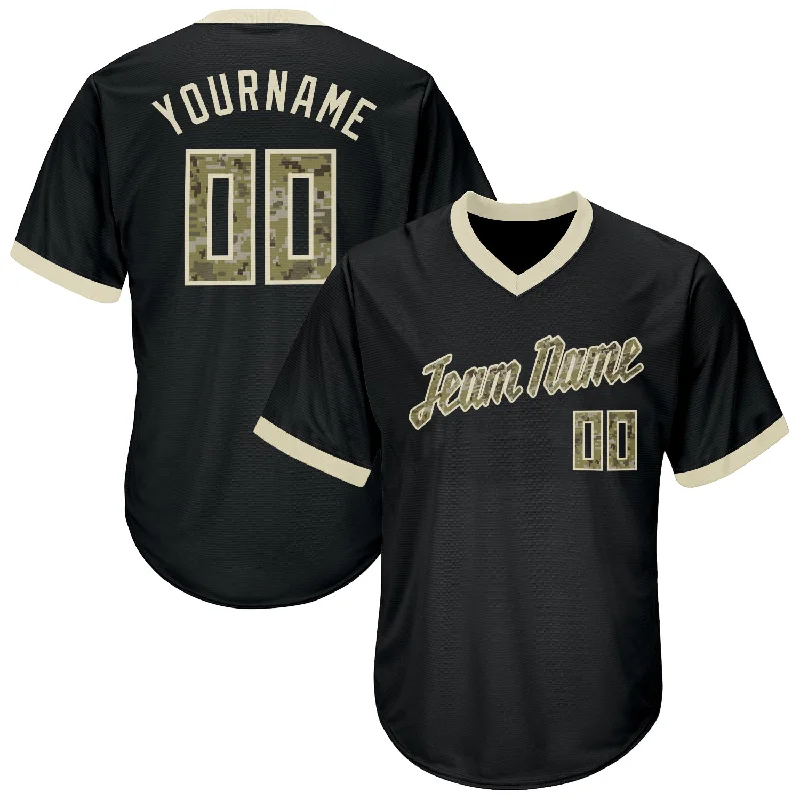 Personalized Baseball Jerseys For Tournament Winners-Custom Black Camo-Cream Authentic Throwback Rib-Knit Baseball Jersey Shirt